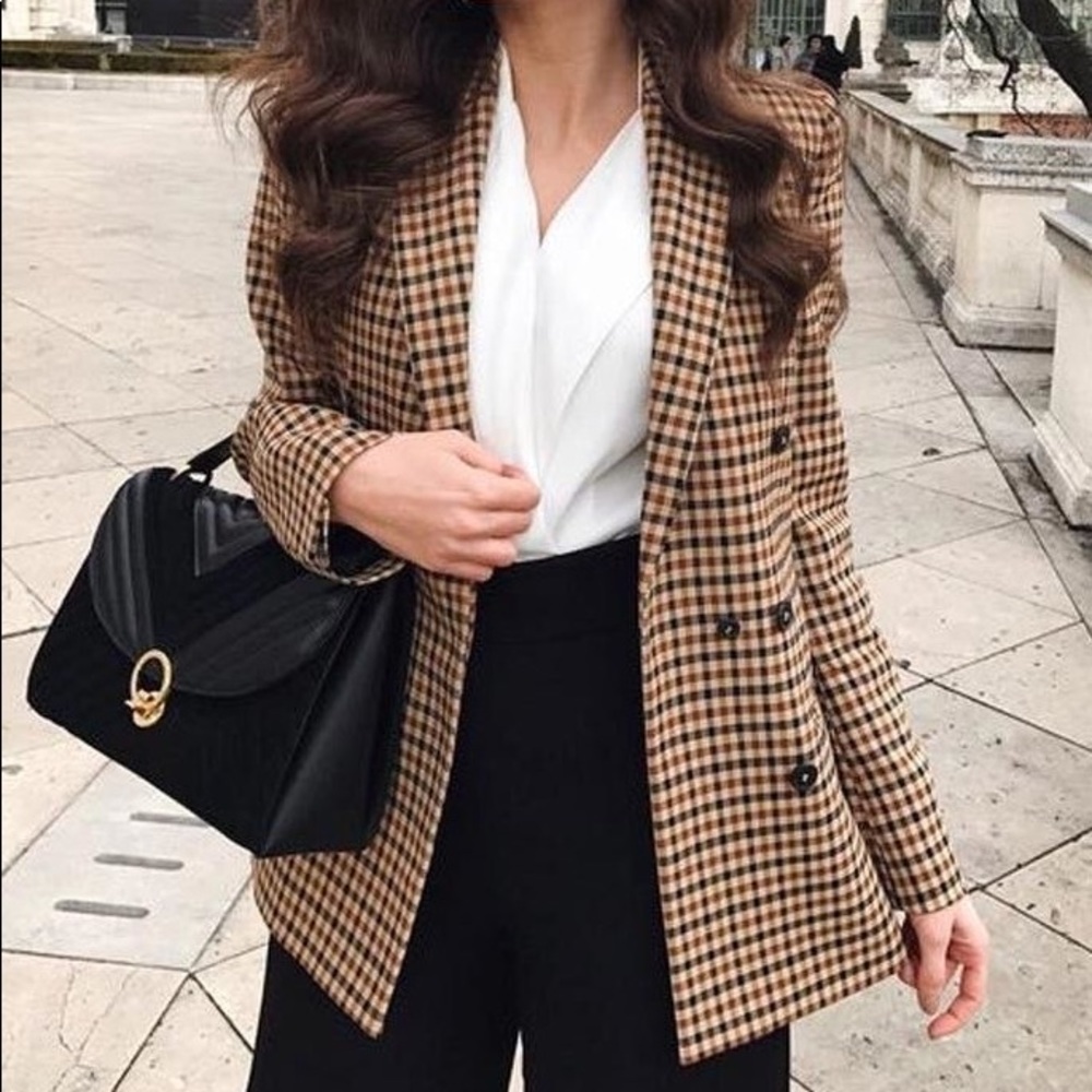 Zara Brown Plaid Double-Breasted Blazer